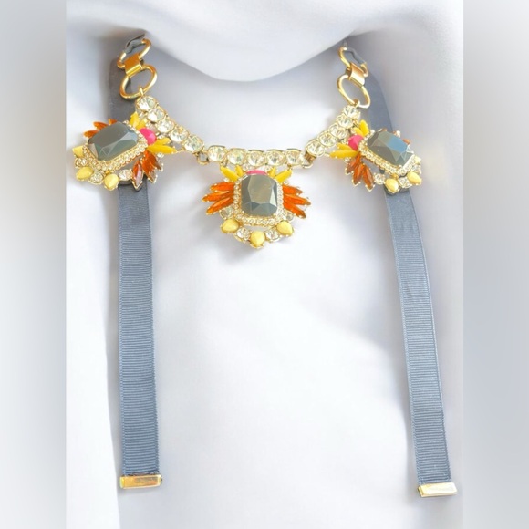 Signed Banana Republic Multi Color Rhinestone Gold Tone and Ribbon Necklace - Picture 3 of 8